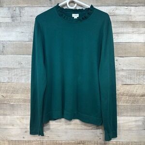 J Crew Factory Women Drk Green 100% Cotton Ruffle Trim Collar Pullover Sweater L